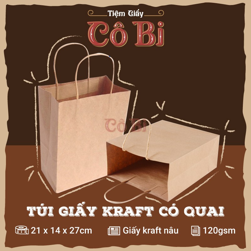 Túi giấy kraft có quai 21x14x27cm Cô Bi | Định lượng 120gsm, siêu cứng | Túi giấy đựng quà | Túi xi măng đựng hàng