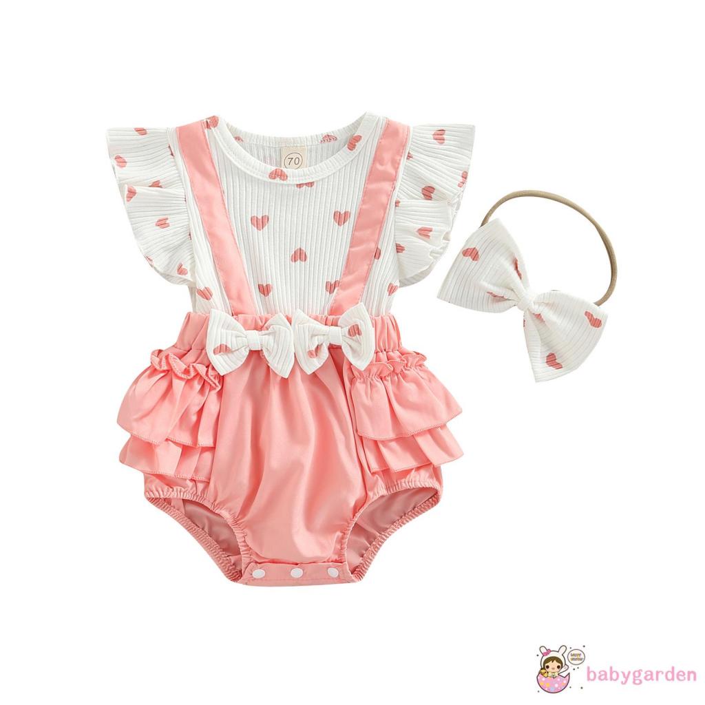 Bộ Áo Liền Quần Tay Cánh Tiên In Họa Tiết Trái Tim Cho Bé Gái