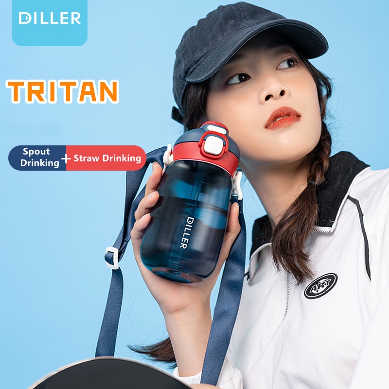 Bình nước thể thao DILLER D70 có ống hút và dây đeo chống rò rỉ thời trang tiện lợi