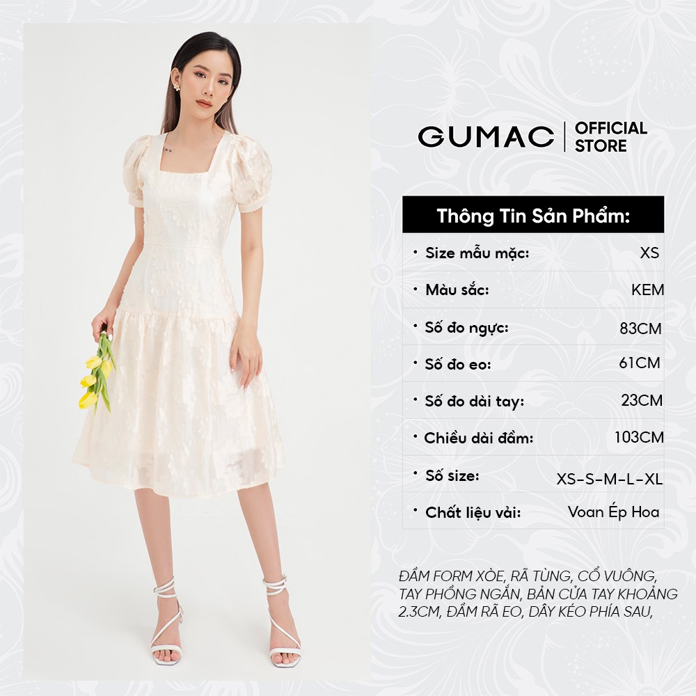 Đầm suông nữ cổ vuông GUMAC thiết kế váy nhún tùng màu kem đủ size DB4100 | BigBuy360 - bigbuy360.vn