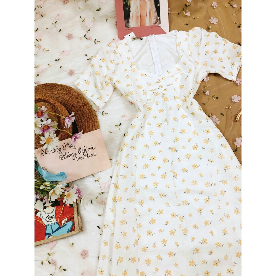 Đầm Hoa Nhí Vintage ❤️FREESHIP❤️ Dáng Xòe Tay Phồng Ngắn Xẻ Tà Nhún Ngực Đính Hạt Sang Chảnh