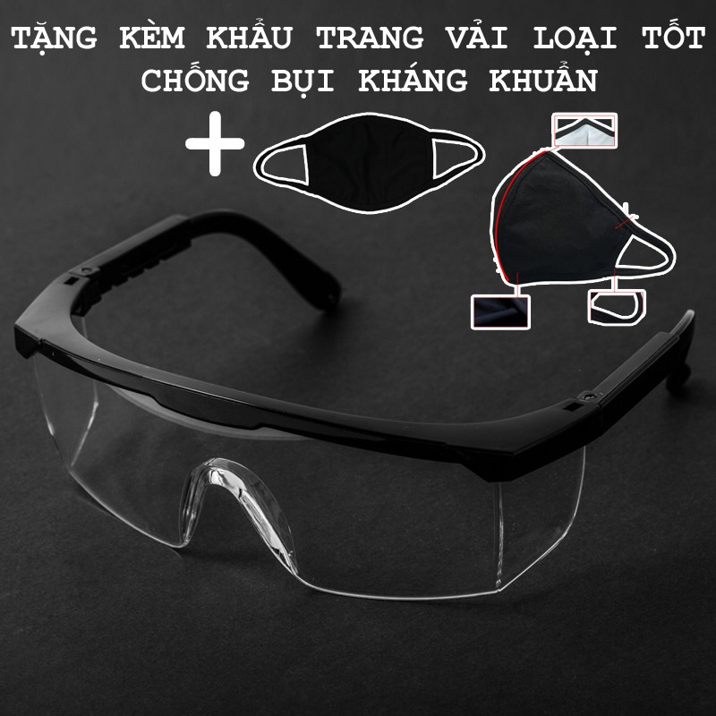 Mắt kính bảo hộ lao động TẶNG KÈM KHẨU TRANG VẢI TRƠN MÀU ĐEN kháng khuẩn hàng loại tốt ASAM