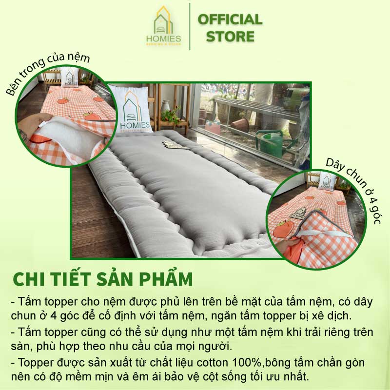 KÈM TÚI XÁCH - Topper Nệm Bông Xuất Nhật HOMIES Bedding & Décor, Đệm Topper Xám Ghi, Tấm làm mềm đệm cotton