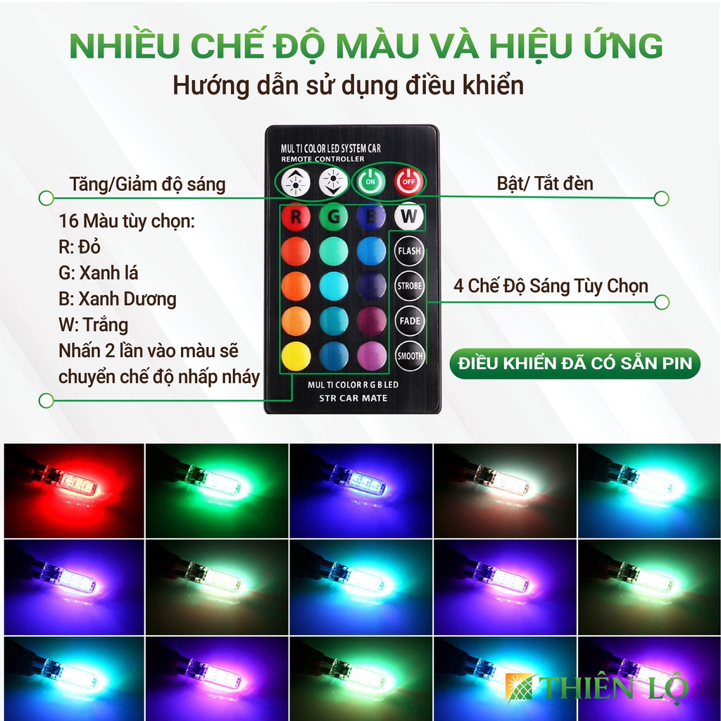 Bộ 4 đèn LED T10 Xi nhan demi điều khiển nhiều màu 6 SMD RGB T10 5050 siêu sáng bọc silicon cho ô tô xe máy của Thiên Lộ