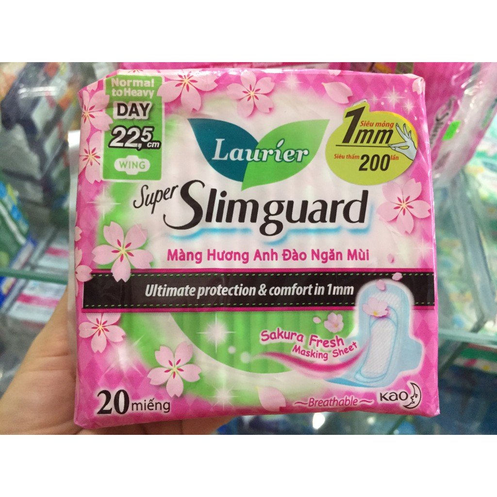 [CHE TÊN SẢN PHẨM]Băng vệ sinh Laurier super Slim guard hương hoa anh đào 22.5 cm* 20 miếng 1mm