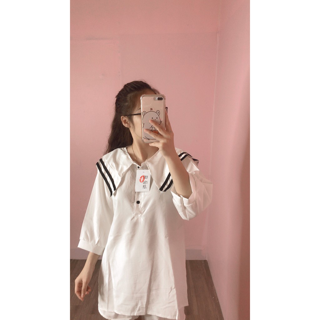 Áo sơ mi nữ form rộng tay lỡ cổ tròn basic phối kiểu thủy thủ màu trắng n7clothing * ྇