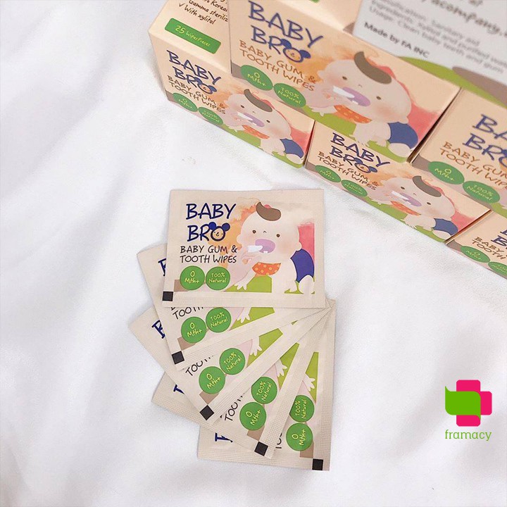 Gạc vệ sinh răng miệng Xylitol BabyBro gum &amp; tooth wipes, Hàn Quốc (25 miếng) cho bé 0-3 tuổi