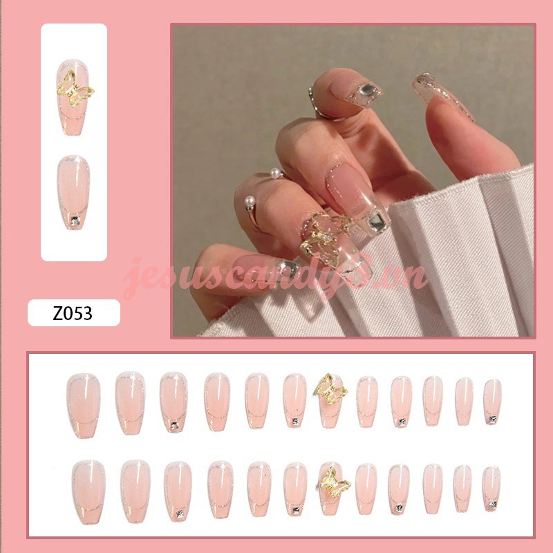 Bộ 24 Móng Tay Giả Dáng Dài Dán Keo Đính Đá 3D Thiết Kế Thời Trang Kèm Keo Dán Dành Cho Bạn Nữ