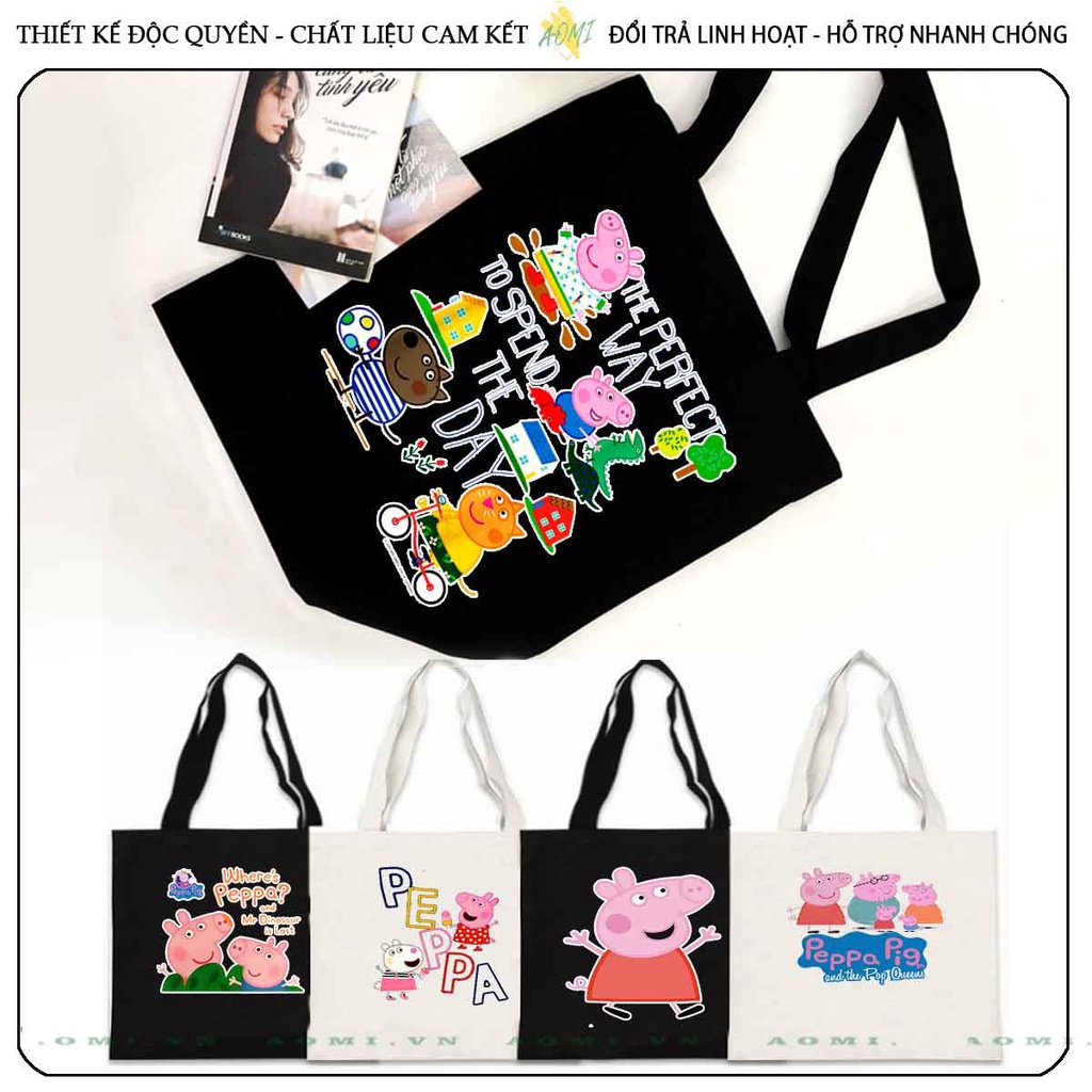 TOTE CANVAS heo peppa TÚI VẢI ĐEO VAI BAG CÓ KHÓA KÉO SIZE LỚN 33x38cm AOMIVN DU LỊCH DẠO PHỐ