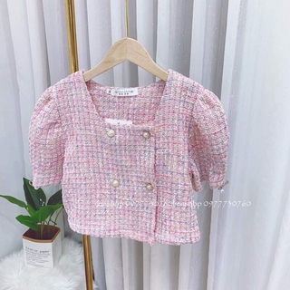 Áo dạ khuy hồng cổ vuông pha kim tuyến