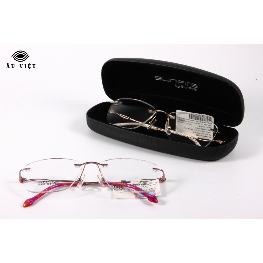 Gọng kính khoan nữ kim loại titanium dáng vuông chữ nhật Sunfire ST-8717 vân đá trắng/hồng Full box