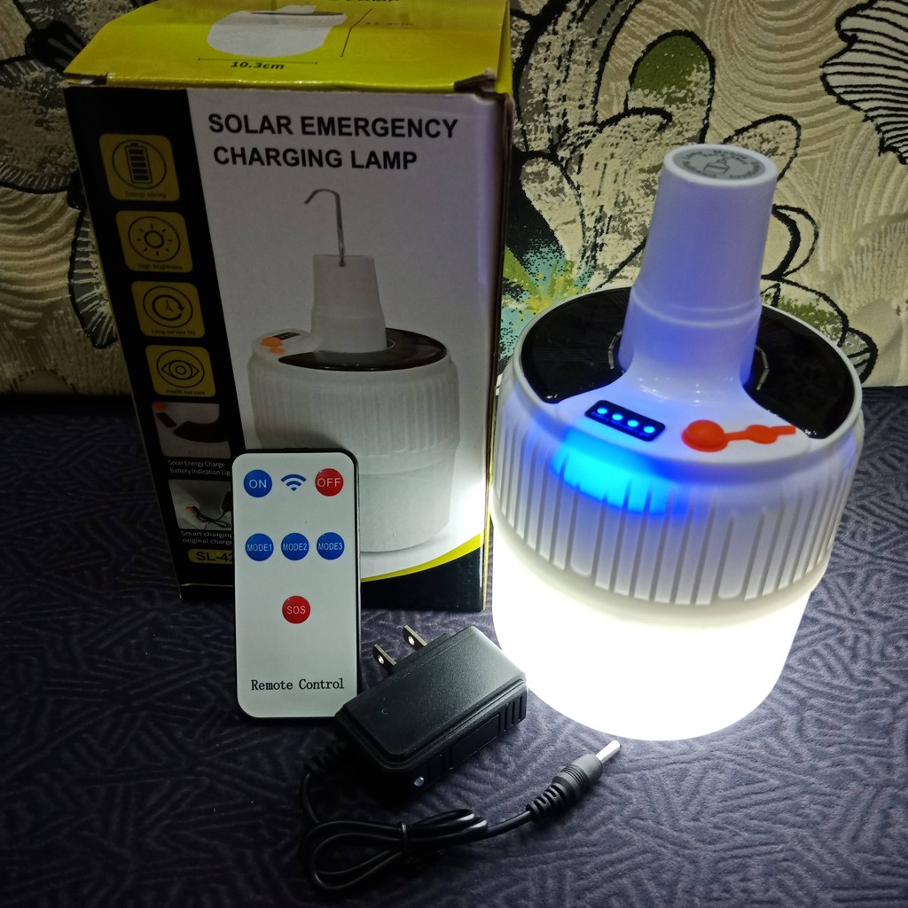 Đèn Tích Điện, Bóng đèn 100W, 2 viên PIN - Có tấm Pin năng lượng mặt trời và cáp sạc điện