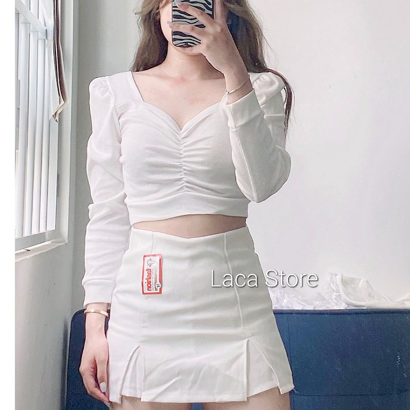 Áo Croptop Dài Tay Nhún Ngực Chất gân mịn Quyến Rũ Laca Store, áo crt kiểu bo ngực tay phồng B10-1