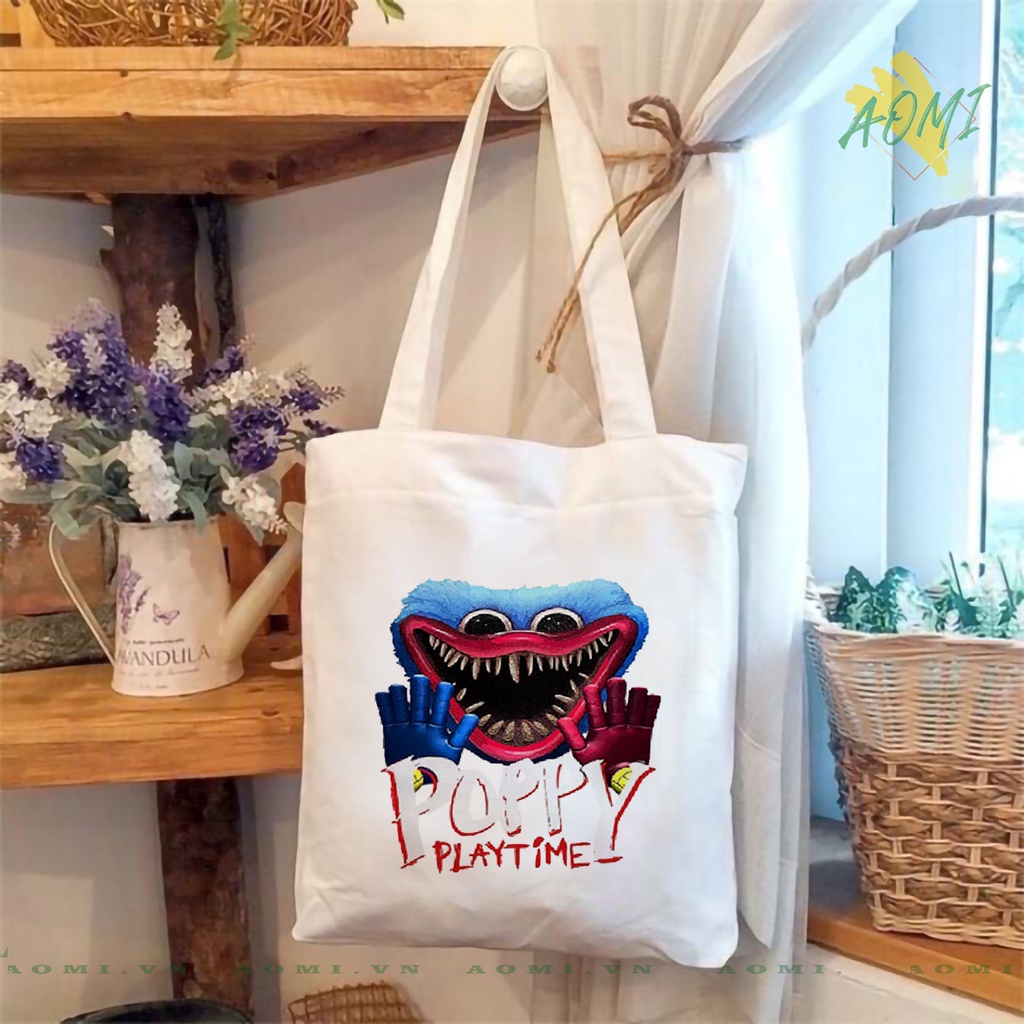 TOTE CANVAS Poppy Playtime Huggy Wuggy TÚI VẢI ĐEO VAI BAG CÓ KHÓA KÉO SIZE LỚN 33x38cm AOMIVN DU LỊCH DẠO PHỐ AOMI