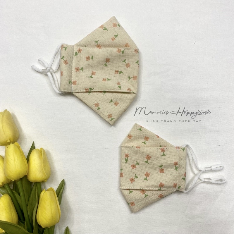 Khẩu trang vải linen in hoa nhí lót vải xô muslin dành cho em bé và người lớn