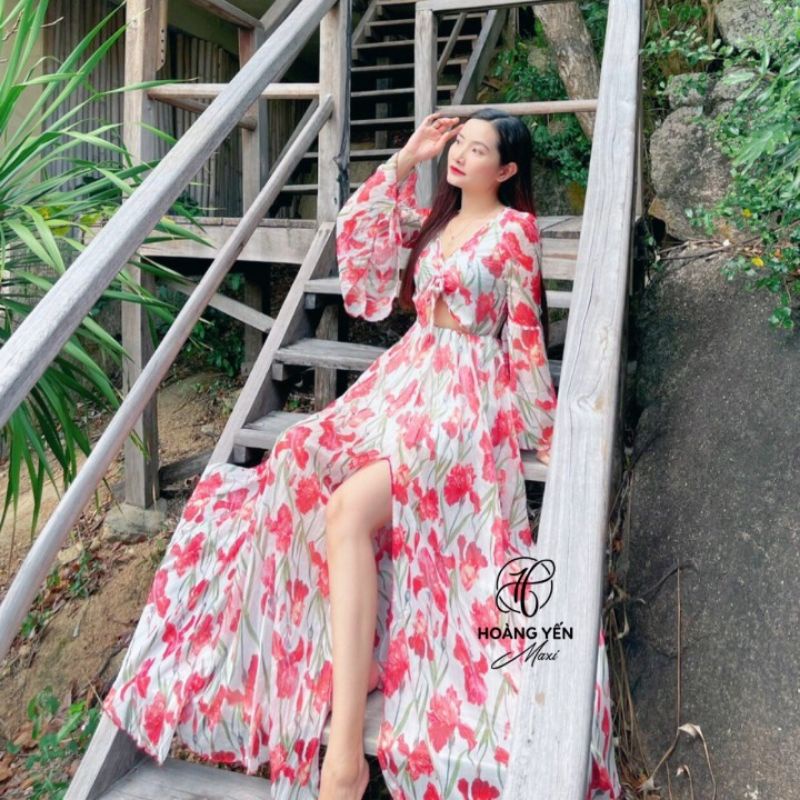 HOANGYEN - Đầm maxi tơ hoa tay loe dài chân váy xẻ tà đi biển