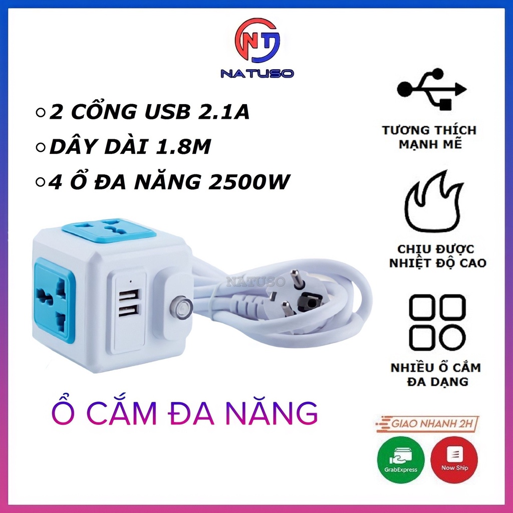 Ổ Điện Đa Năng MagicCube kèm 2 cổng sạc Usb 2.1A và 4 Ổ Cắm Điện chịu tải 2500W Dây nối dài 1.8m