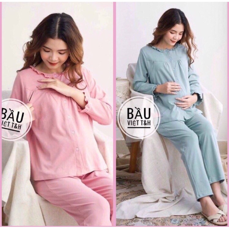 Bộ mặc bầu và sau sinh, đồ bầu mặc nhà cotton, có khóa cho bé ti mẫu mới 2020