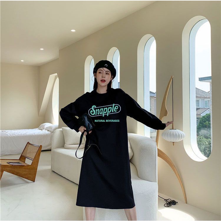 Đầm Ngủ Tay Dài Dáng Rộng In Chữ Phong Cách Hàn Quốc Thời Trang Thu Đông Cho Nữ