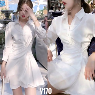 Váy sơ mi trắng cổ Đức xếp nhún