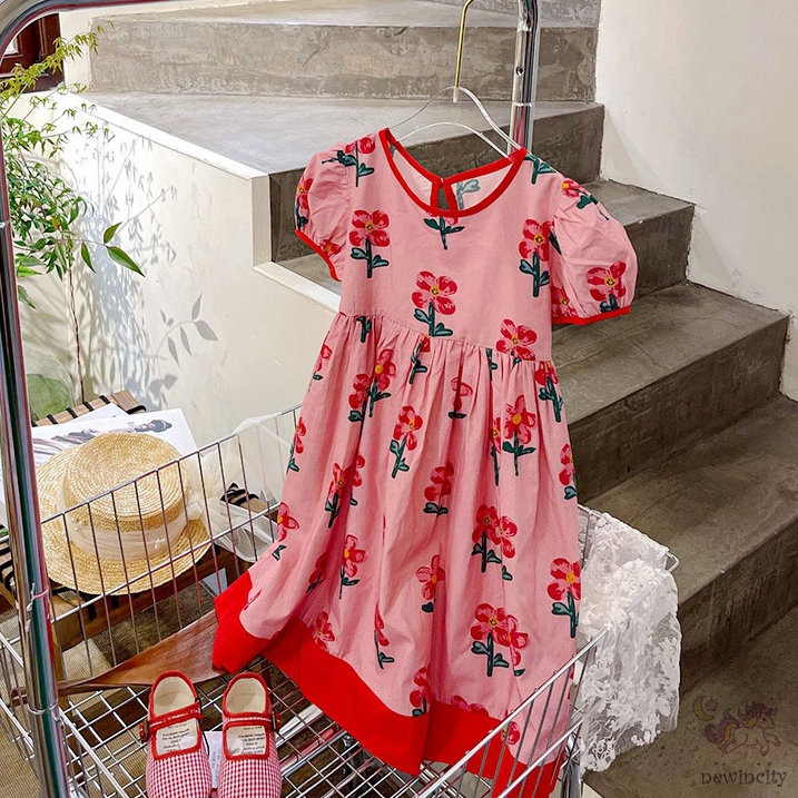 Đầm Công Chúa Tay Phồng Thắt Nơ In Họa Tiết Hoa Phong Cách Hàn Quốc Thời Trang Mùa Hè Cho Bé Gái