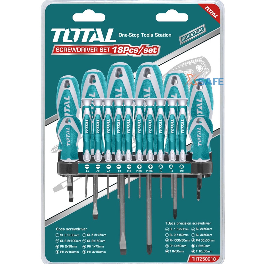 Bộ tua vít đa năng 18 món TOTAL THT250618 đuôi tròn Bộ tuốc nơ vít CR-V không mài mòn, gỉ sét, nhỏ gọn