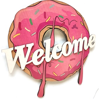 Bảng gỗ treo cửa trang trí chữ Welcome đón khách kiểu dáng chiếc bánh donut dễ thương GoldenDeer GD155
