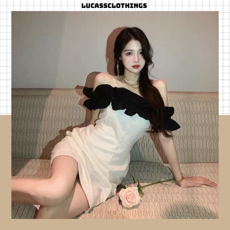 Đầm/Váy trắng trễ vai bèo đen phong cách hàn quốc