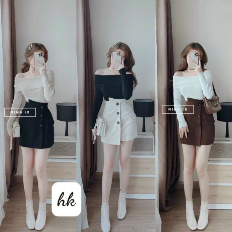 Set Áo len tăm dài tay trễ vai - Áo kiểu hở vai  kèm chân váy cúc vạt lệch mùa thu | BigBuy360 - bigbuy360.vn