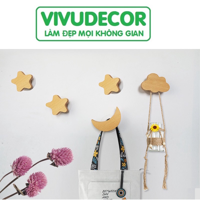 Bộ Móc Gỗ Trăng Sao Mây Vivudecor Đa Năng Vừa Dán Vừa Khoan Bắt Vít, Móc Treo Quần áo và Trang Trí Tiện Ích Sang Trọng.