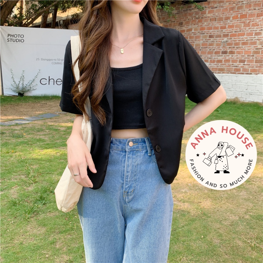 Áo Blazer nữ tay ngắn cổ vest dáng croptop, áo Blazer croptop dáng ngắn form rộng 1 lớp cộc tay trơn nhiều màu