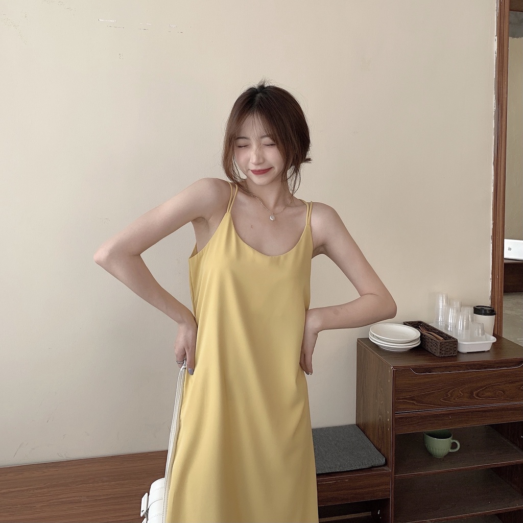 SUXI Đầm Hai Dây Dáng Rộng Màu Trơn Thời Trang Mùa Xuân Mới Cho Nữ
