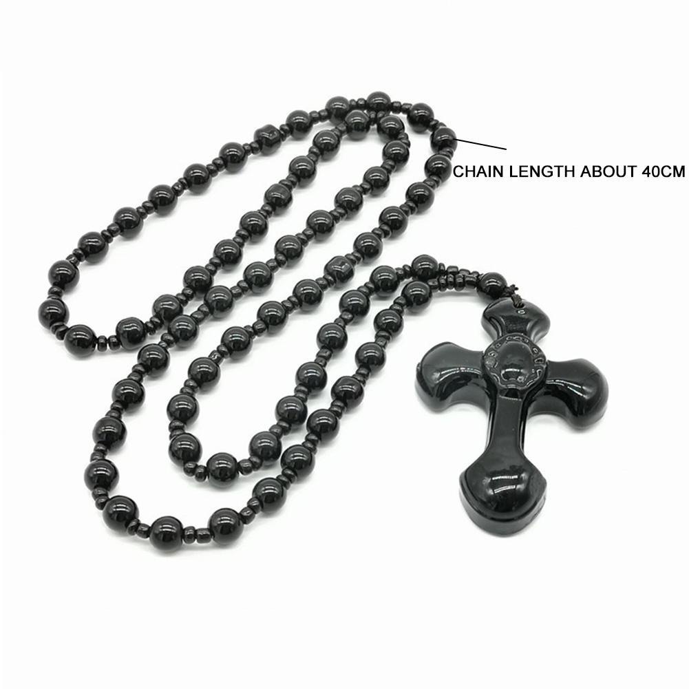 Chuỗi Hạt Đá Obsidian Tự Nhiên Màu Đen Chạm Khắc Chữ Thập May Mắn I3Y6