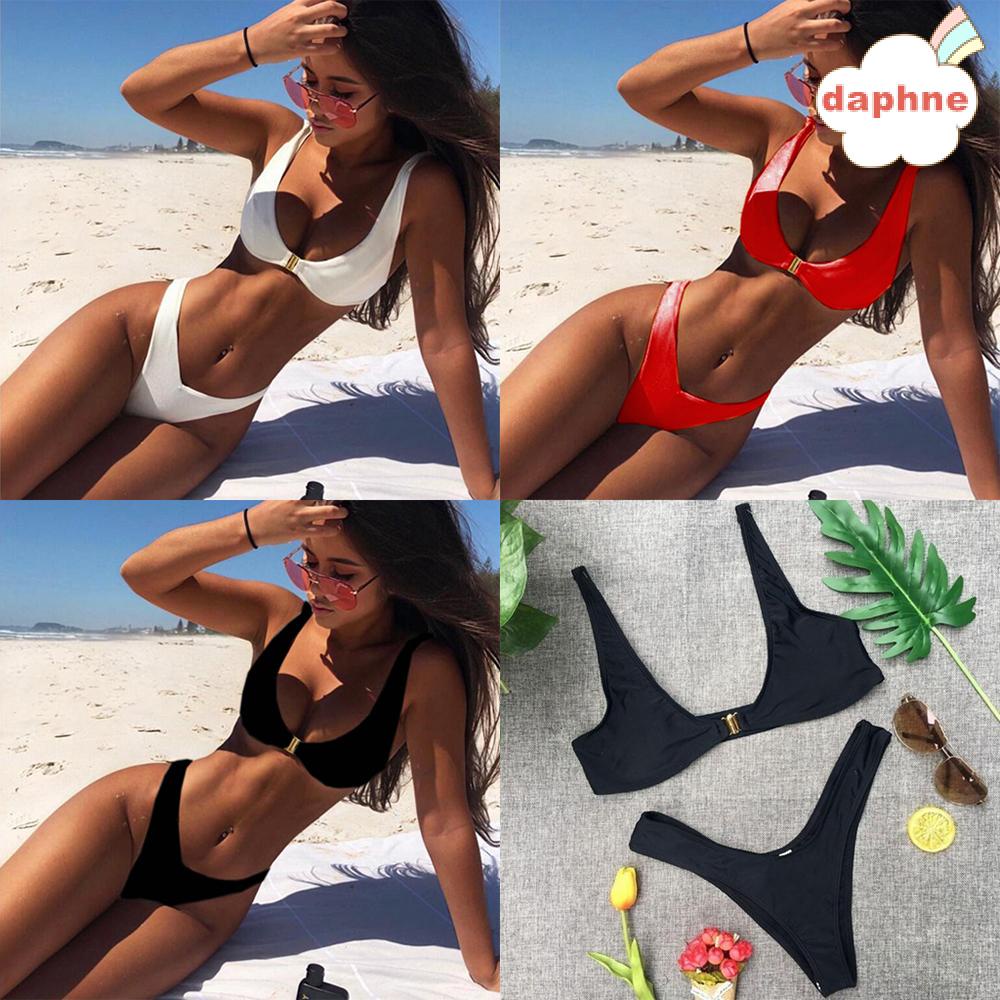 Daphne Bộ Đồ Bơi Bikini Màu Trơn Nâng Ngực Chữ V Eo Thấp Phong Cách Brazil Thời Trang Mùa Hè Cho Nữ