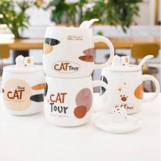 Ly cốc sứ trắng mèo cat tour 400ml có nắp đậy cao cấp