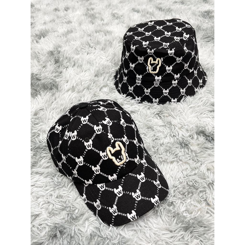 (HÀNG XUẤT XỊN) Mũ Bucket và Lưỡi trai H90 LIFEWORK MONOGRAM BUCKET HAT &amp; H91 LIFEWORK MONOGRAM CAP BLACK