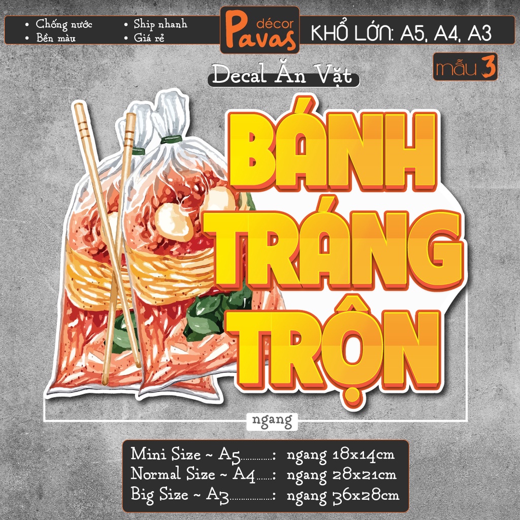 Decal Bánh Tráng Trộn, Bánh Tráng Nướng, Hột Vịt Lộn chống nước trang trí dán quán trà sữa, cà phê, quán ăn. TTQ07