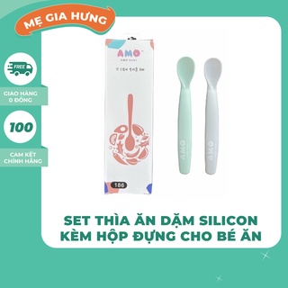 Set thìa ăn dặm silicon kèm hộp đựng cho bé ăn dặm Amo Baby