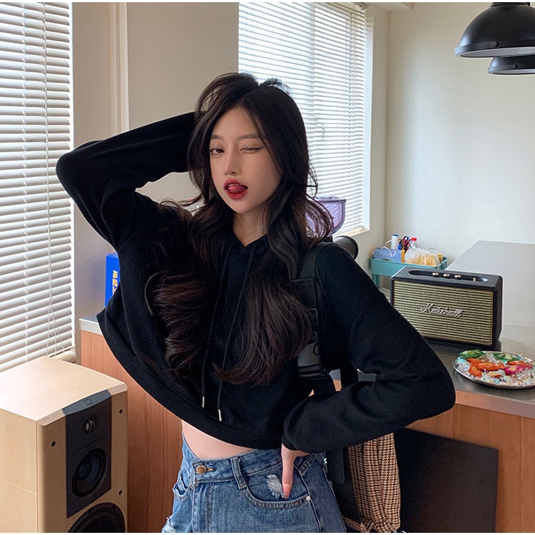 Áo Hoodie Ngắn Mỏng Dáng Rộng Màu Trơn Phong Cách Hàn Quốc Thời Trang Mùa Thu Hàng Mới Dành Cho Bạn Nữ