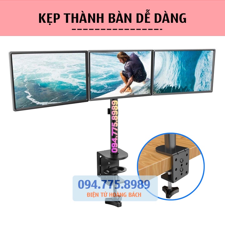 M083 / #Giá Treo 3 Màn Hình Nằm Ngang ErgoTek E83 Cao Cấp 17 - 27 Inch / Tải Trọng 8Kg - Lắp Đặt Kẹp Bàn - Xoay 360 Độ