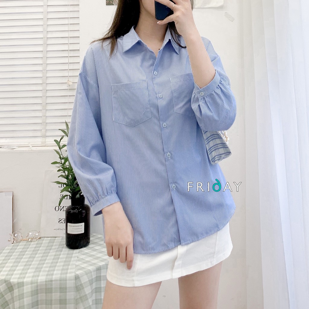 Áo sơ mi thiết kế Oversize hai túi kẻ sọc Xanh Friday | BigBuy360 - bigbuy360.vn