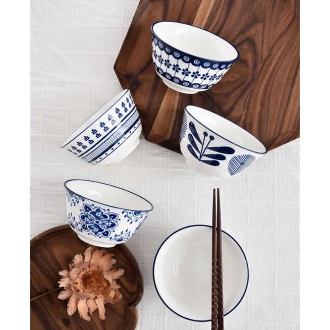 Bộ bát sứ men lam phong cách Nhật decor phòng bếp nhà cửa đồ gốm sứ vẽ tay gia đình cốc đĩa lenhome