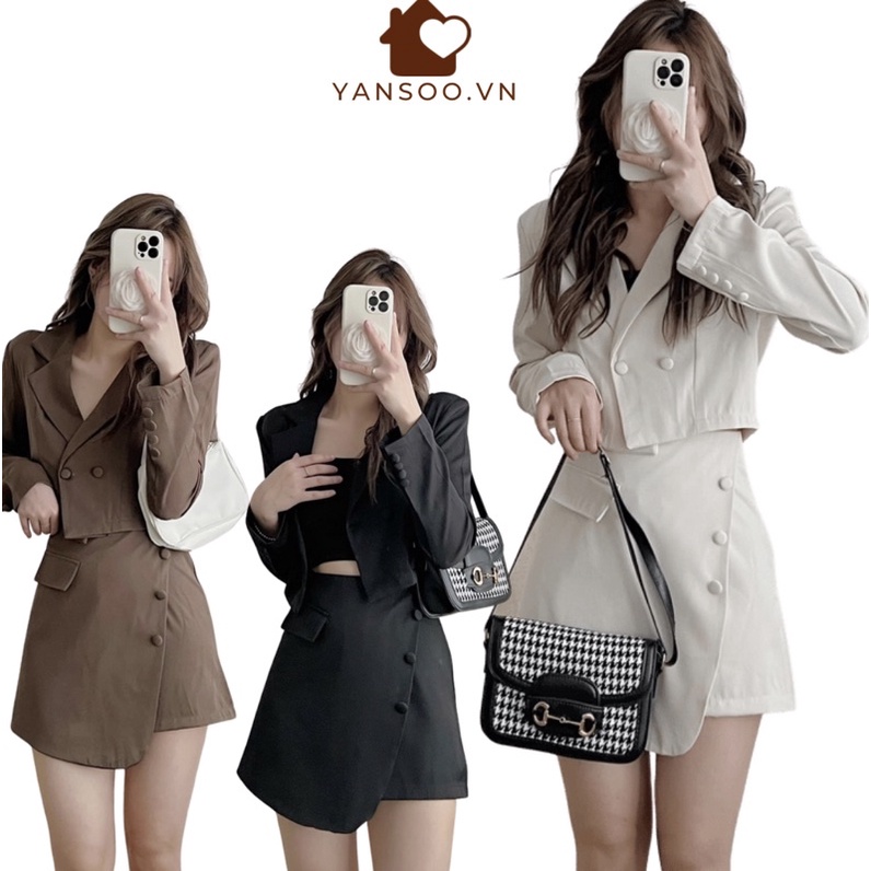 Sét vest nữ , áo khoác blazer tay dài mic quần quần giả váy cạp lệch , sét đồ nữ phong cách Hàn Quốc YANSOO