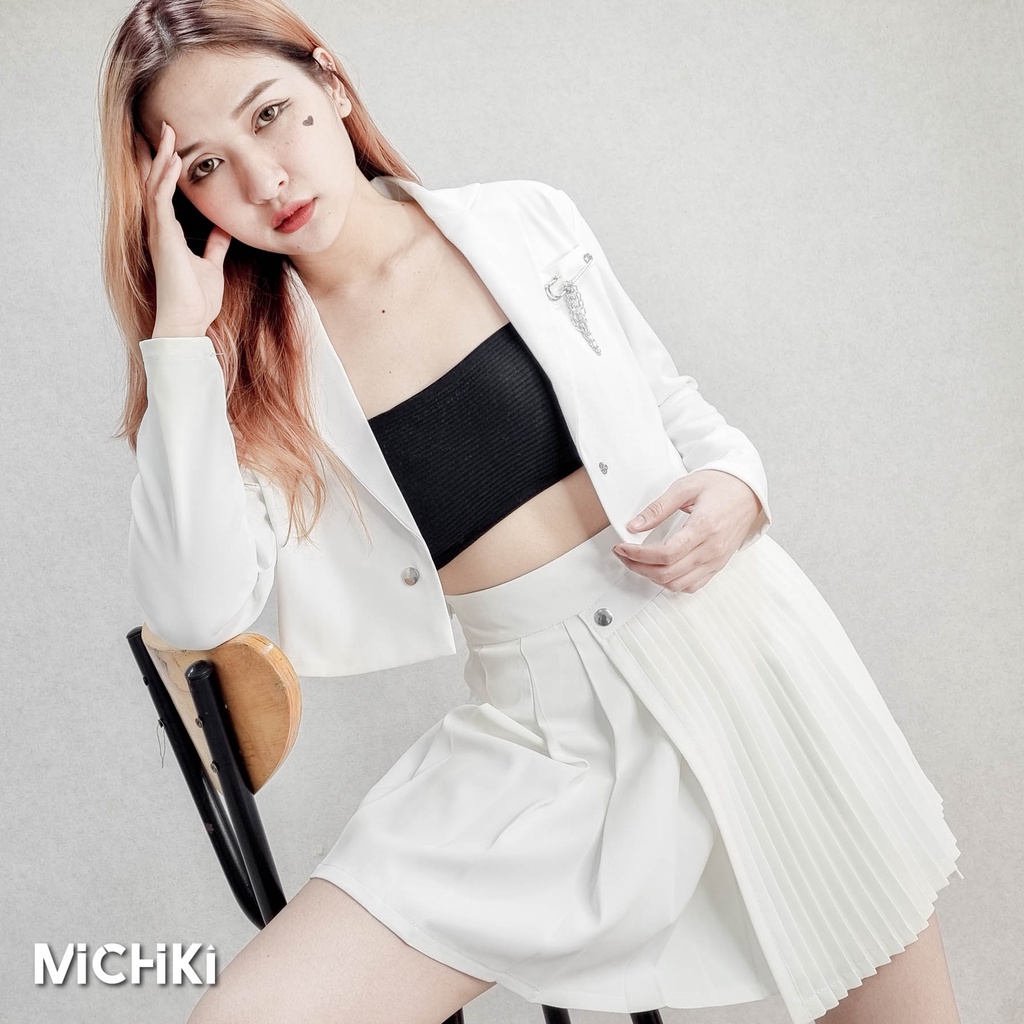 Áo blazer dài tay Michiki kiểu croptop (Trắng) phong cách Ulzzang - Hàng thiết kế cao cấp (46kg - 55kg) | BigBuy360 - bigbuy360.vn
