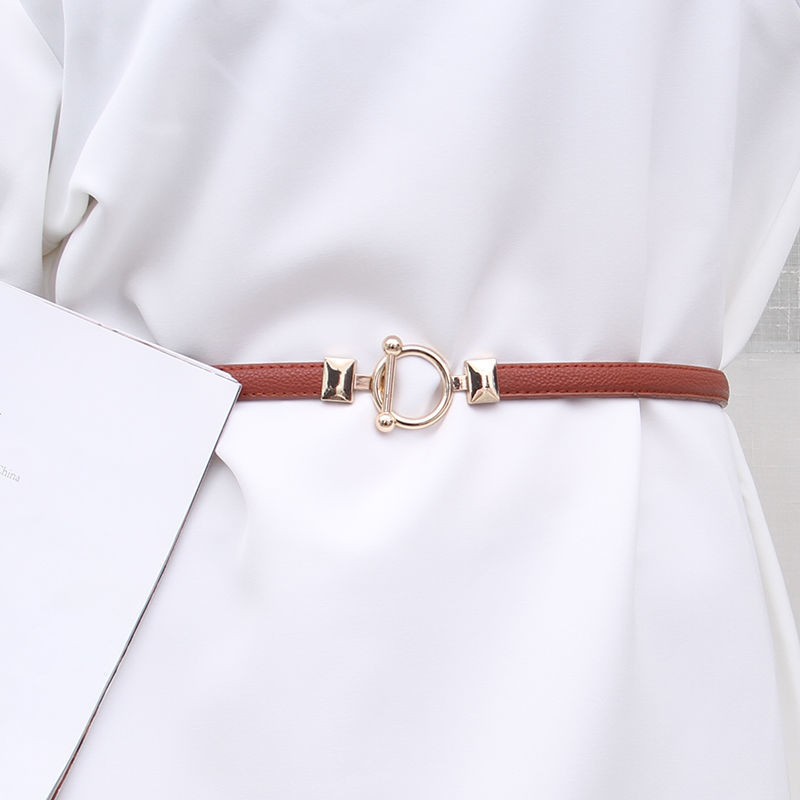 [Spot] Ladies thin belt decorated sweater dress adjustable otclasp all-match high-waist PU artificial leather belt punch-free belt