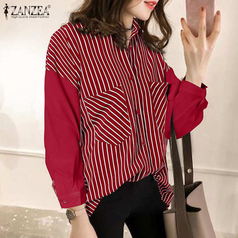Áo Sơ Mi ZANZEA Dài Tay Có Họa Tiết Sọc Thiết Kế Giản Dị Cho Nữ