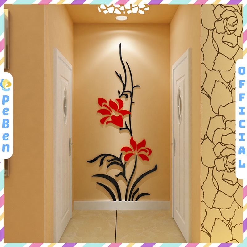 Tranh dán tường mica 3d decor khổ lớn bức tranh cây hoa đỏ trang trí hành lang, phòng khách Nhiều Size - EPeBen