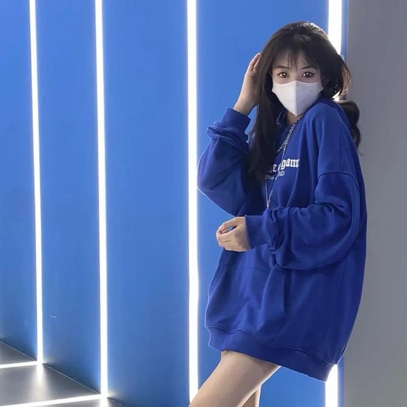 Áo hoodie lông cừu dày dặn màu xanh dương phong cách truyền thống thời trang thu đông cho nữ