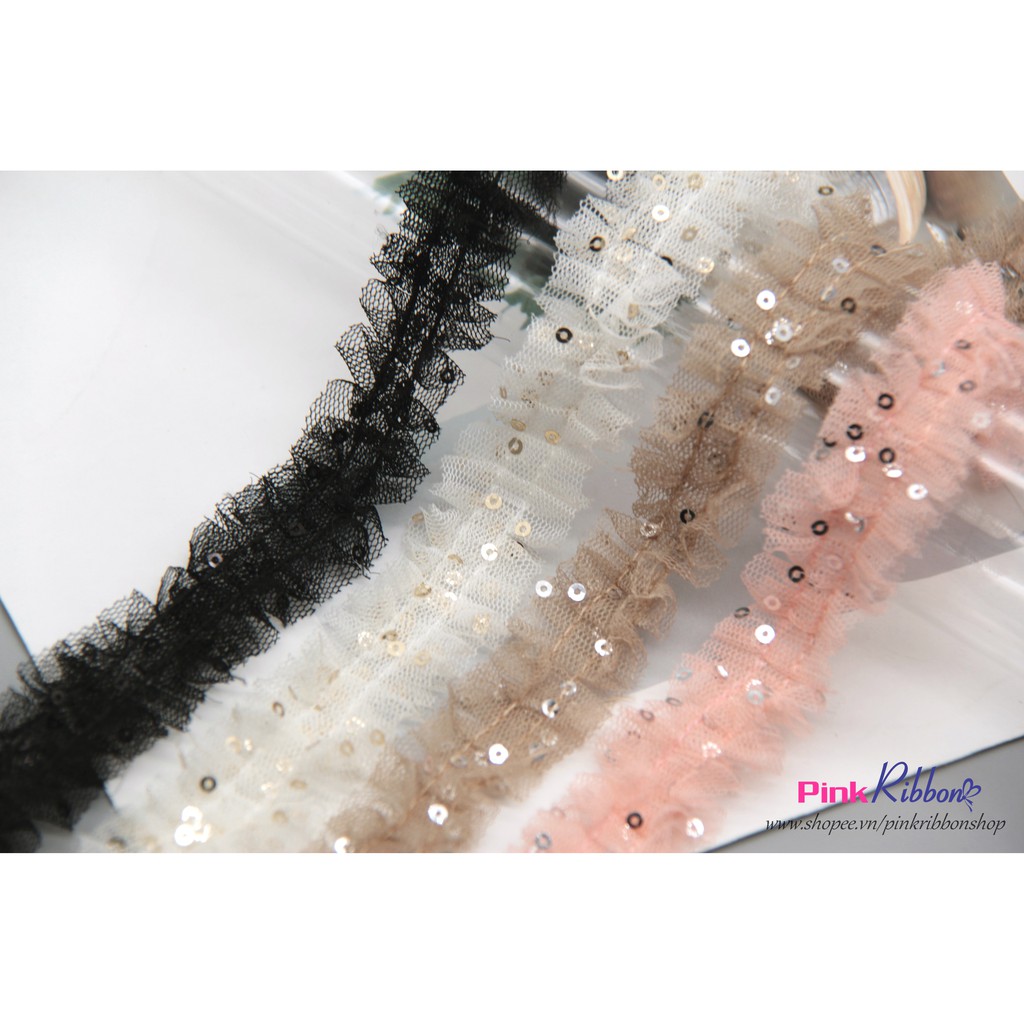 Dây voan lưới đính kim sa xếp bèo 2.5cm