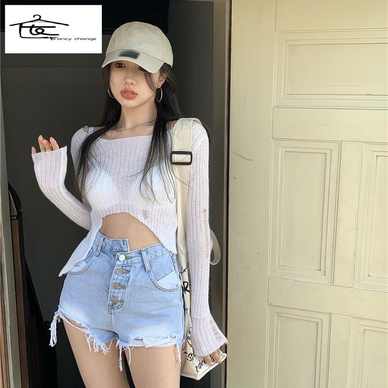 Quần Short Denim Rách Lưng Cao Ống Rộng Thời Trang Mùa Hè Dành Cho Nữ
